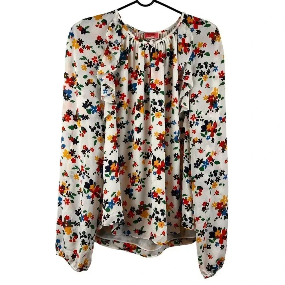 Kate Spade Sailing Floral Ruffle Blouse Ivory Multi Long Sleeve Top Nwt Size Xl